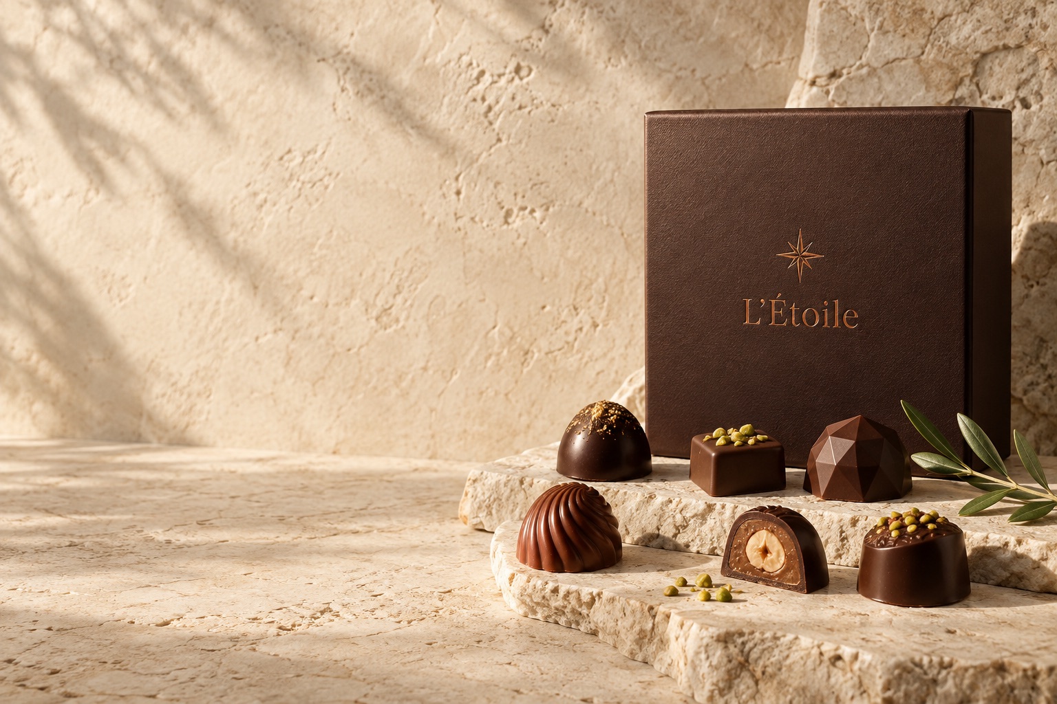 L’Étoile packaging concept with chocolate pralines on warm limestone