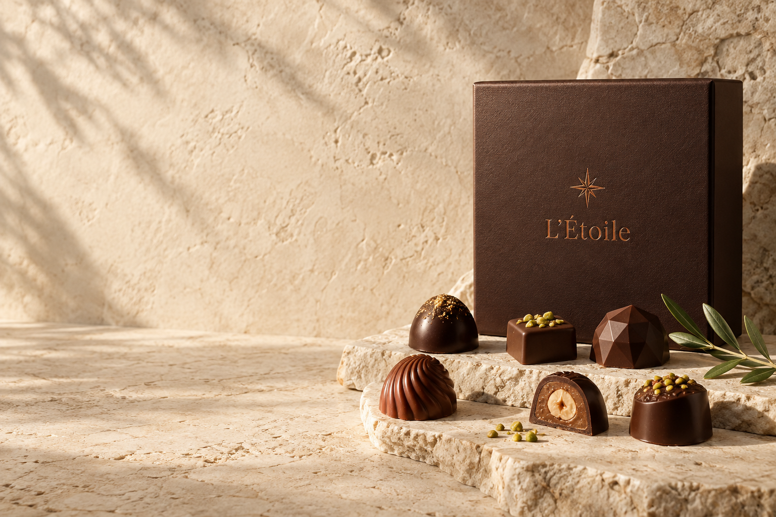 L’Étoile packaging concept with chocolate pralines on warm limestone